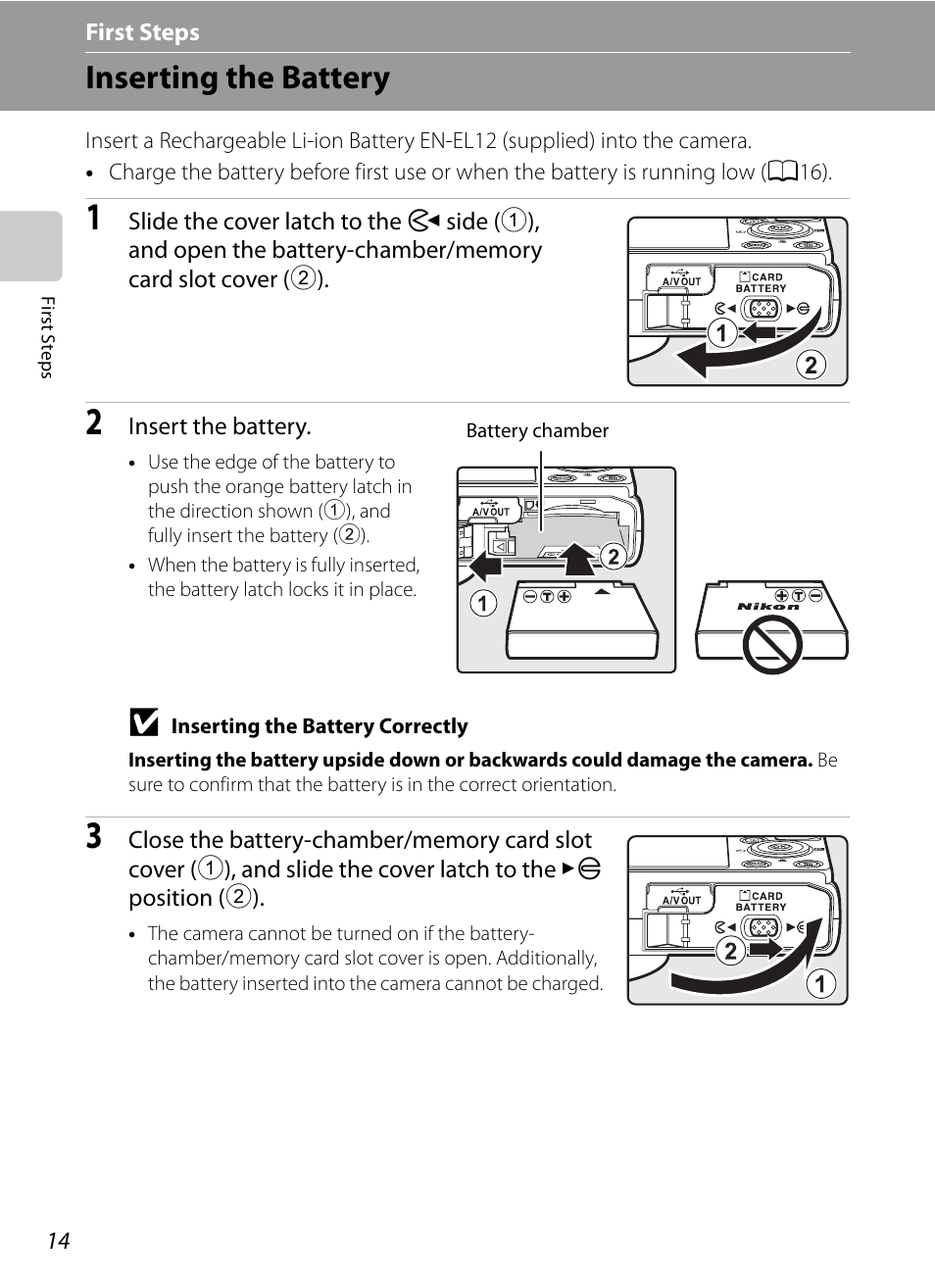 First steps, Inserting the battery | Nikon P300 User Manual | Page 26 / 200