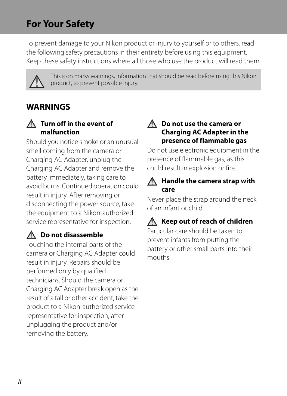 For your safety, Warnings | Nikon P300 User Manual | Page 4 / 200
