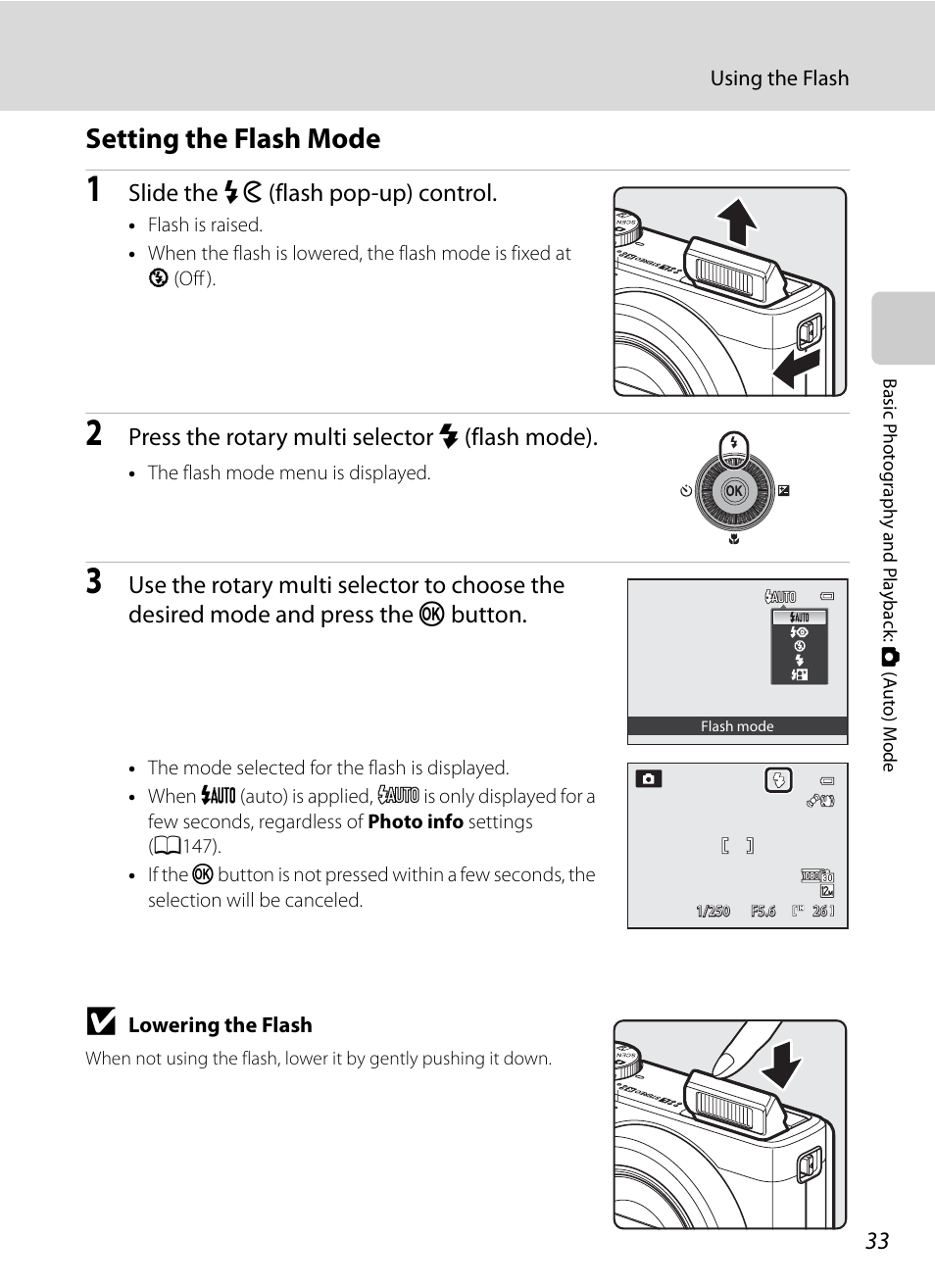 Setting the flash mode, A33), Slide the k (flash pop-up) control | Press the rotary multi selector m (flash mode) | Nikon P300 User Manual | Page 45 / 200