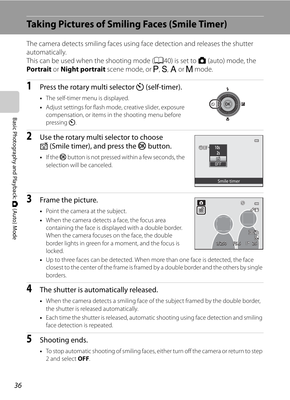 Taking pictures of smiling faces (smile timer) | Nikon P300 User Manual | Page 48 / 200