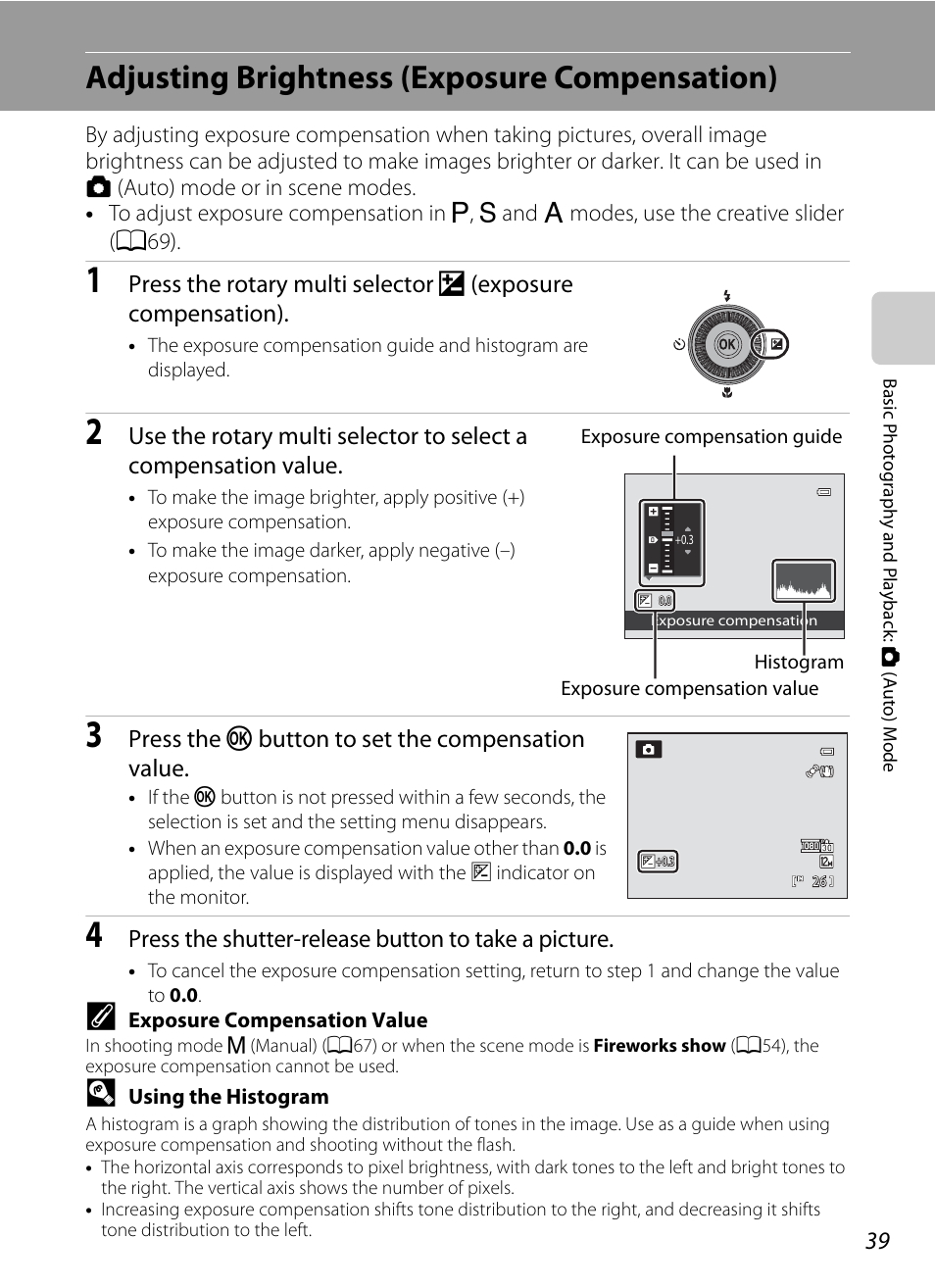 Adjusting brightness (exposure compensation), A39), Tion | A39) can | Nikon P300 User Manual | Page 51 / 200