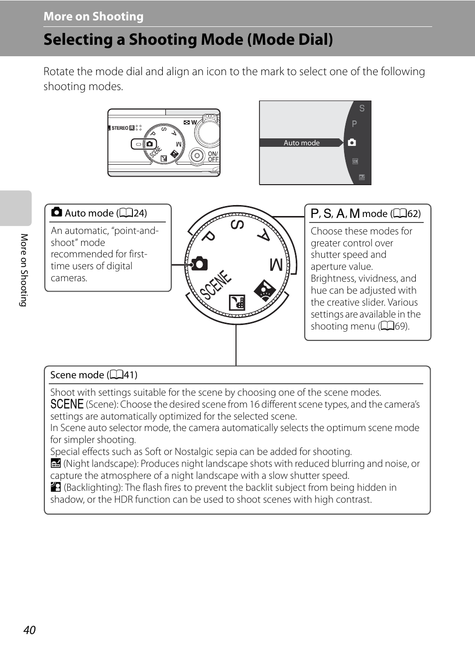 More on shooting, Selecting a shooting mode (mode dial), A40) | Nikon P300 User Manual | Page 52 / 200