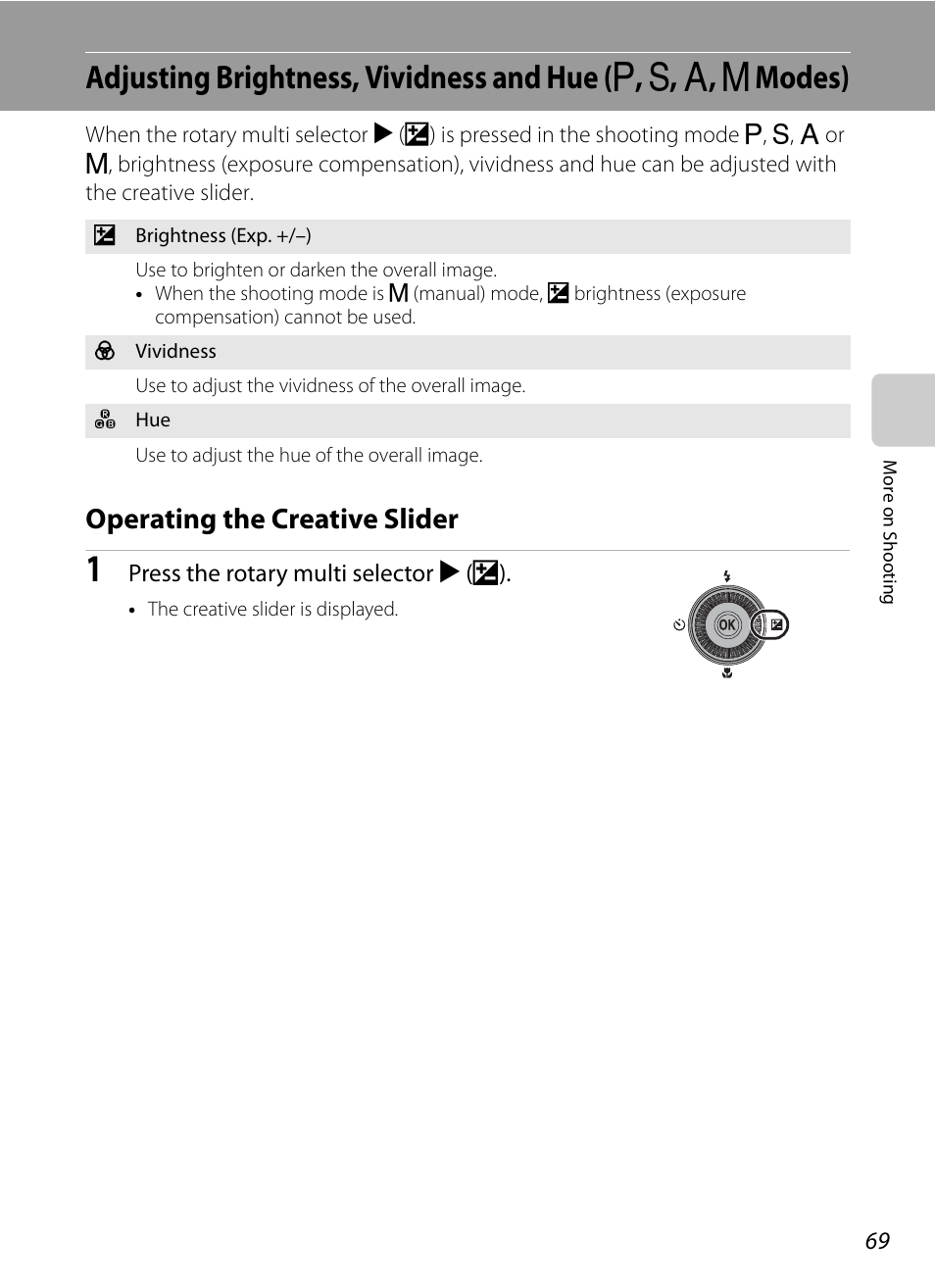 Operating the creative slider, Adjusting brightness, vividness and hue, A, b, c, d modes) | A69), dis, A69) | Nikon P300 User Manual | Page 81 / 200