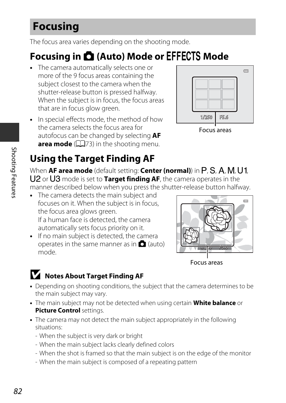 Focusing, Focusing in auto mode or effects mode, Using the target finding af | Focusing in a (auto) mode or, U mode, Ocusing, A 82) f, Focusing in a (auto) mode or u mode | Nikon P7800 User Manual | Page 102 / 270