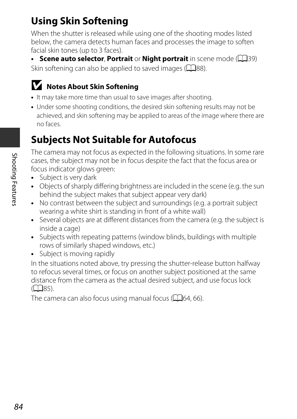 Using skin softening, Subjects not suitable for autofocus | Nikon P7800 User Manual | Page 104 / 270