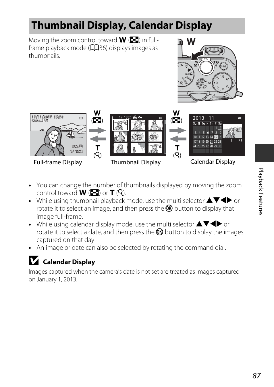 Thumbnail display, calendar display, Calendar display | Nikon P7800 User Manual | Page 107 / 270