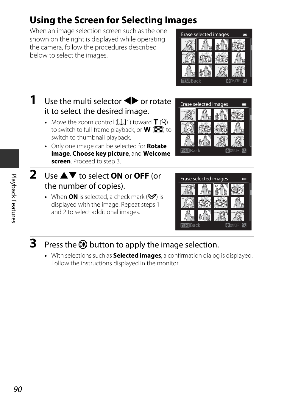 Using the screen for selecting images, Press the k button to apply the image selection | Nikon P7800 User Manual | Page 110 / 270