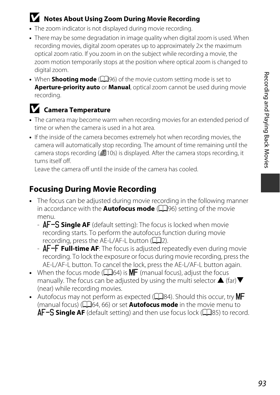 Focusing during movie, Recording, A93) | Focusing during movie recording | Nikon P7800 User Manual | Page 113 / 270