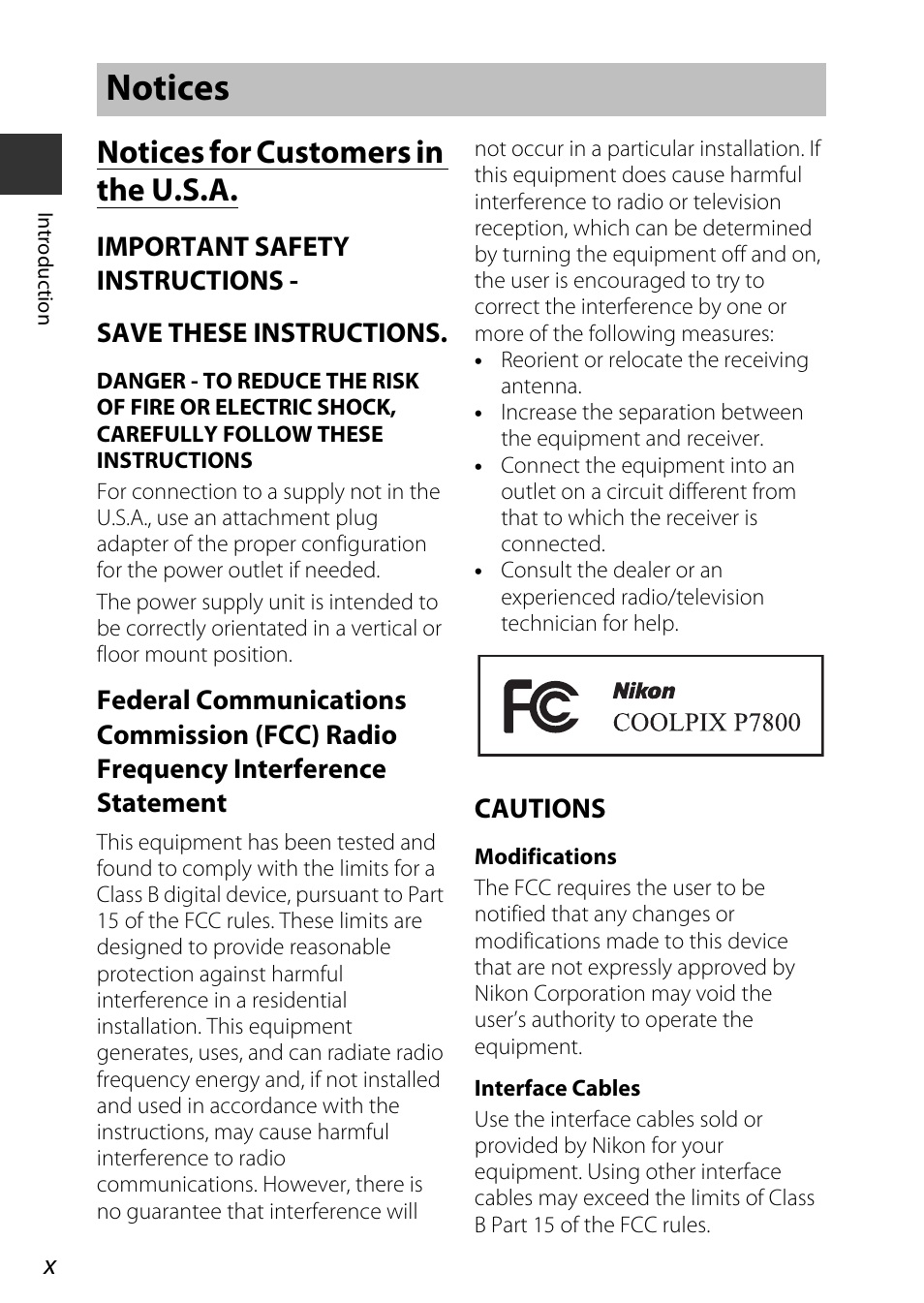 Notices, Notices for customers in the u.s.a | Nikon P7800 User Manual | Page 12 / 270