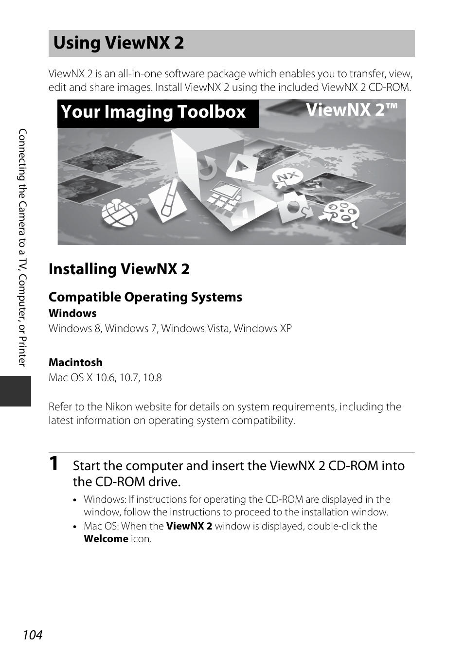 Using viewnx 2, Installing viewnx 2, A104) | A104, Uter, Using viewnx 2 your imaging toolbox viewnx 2 | Nikon P7800 User Manual | Page 124 / 270