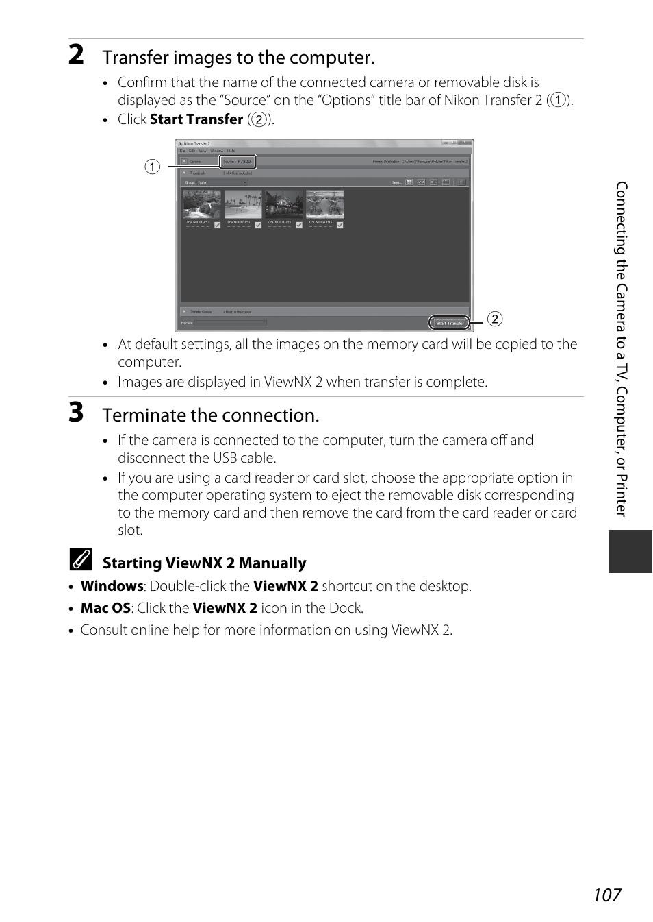 Transfer images to the computer, Terminate the connection | Nikon P7800 User Manual | Page 127 / 270