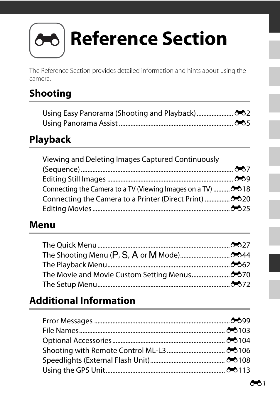 Reference section, Shooting, Playback | Menu, Additional information | Nikon P7800 User Manual | Page 129 / 270