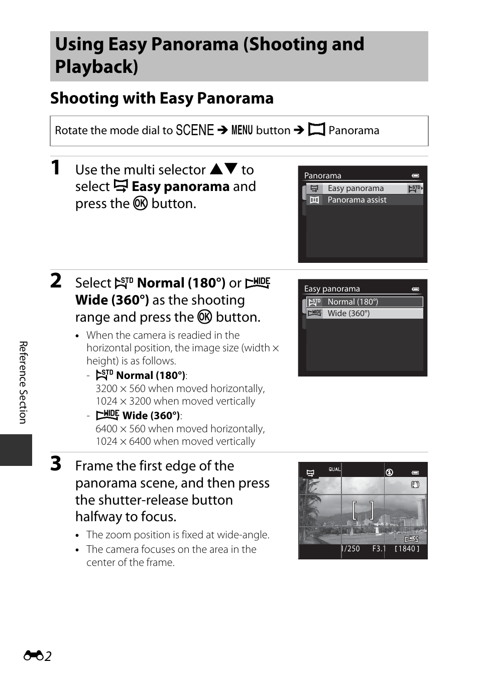 Using easy panorama (shooting and playback), Shooting with easy panorama, Select | Normal (180°) or | Nikon P7800 User Manual | Page 130 / 270