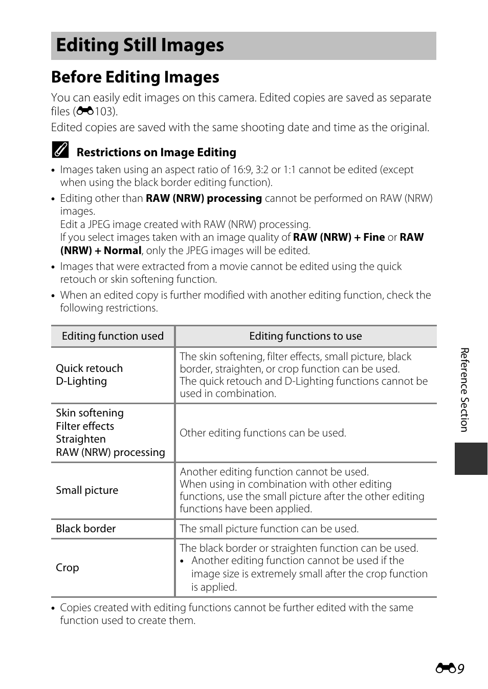 Editing still images, Before editing images | Nikon P7800 User Manual | Page 137 / 270