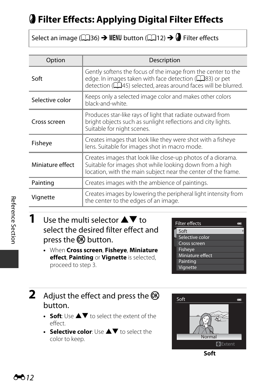 Filter effects: applying digital filter effects, P filter effects: applying digital filter effects, Adjust the effect and press the k button | Nikon P7800 User Manual | Page 140 / 270