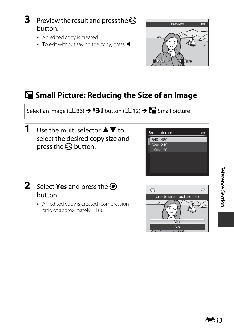 Small picture: reducing the size of an image, G small picture: reducing the size of an image, Preview the result and press the k button | Select yes and press the k button | Nikon P7800 User Manual | Page 141 / 270