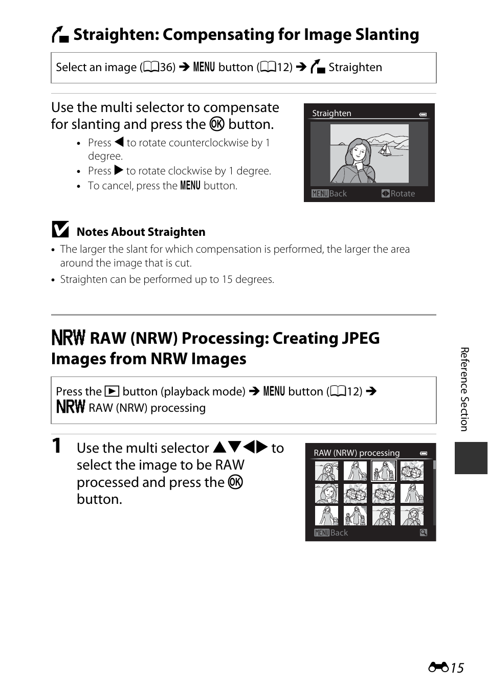 Straighten: compensating for image slanting, R straighten: compensating for image slanting | Nikon P7800 User Manual | Page 143 / 270
