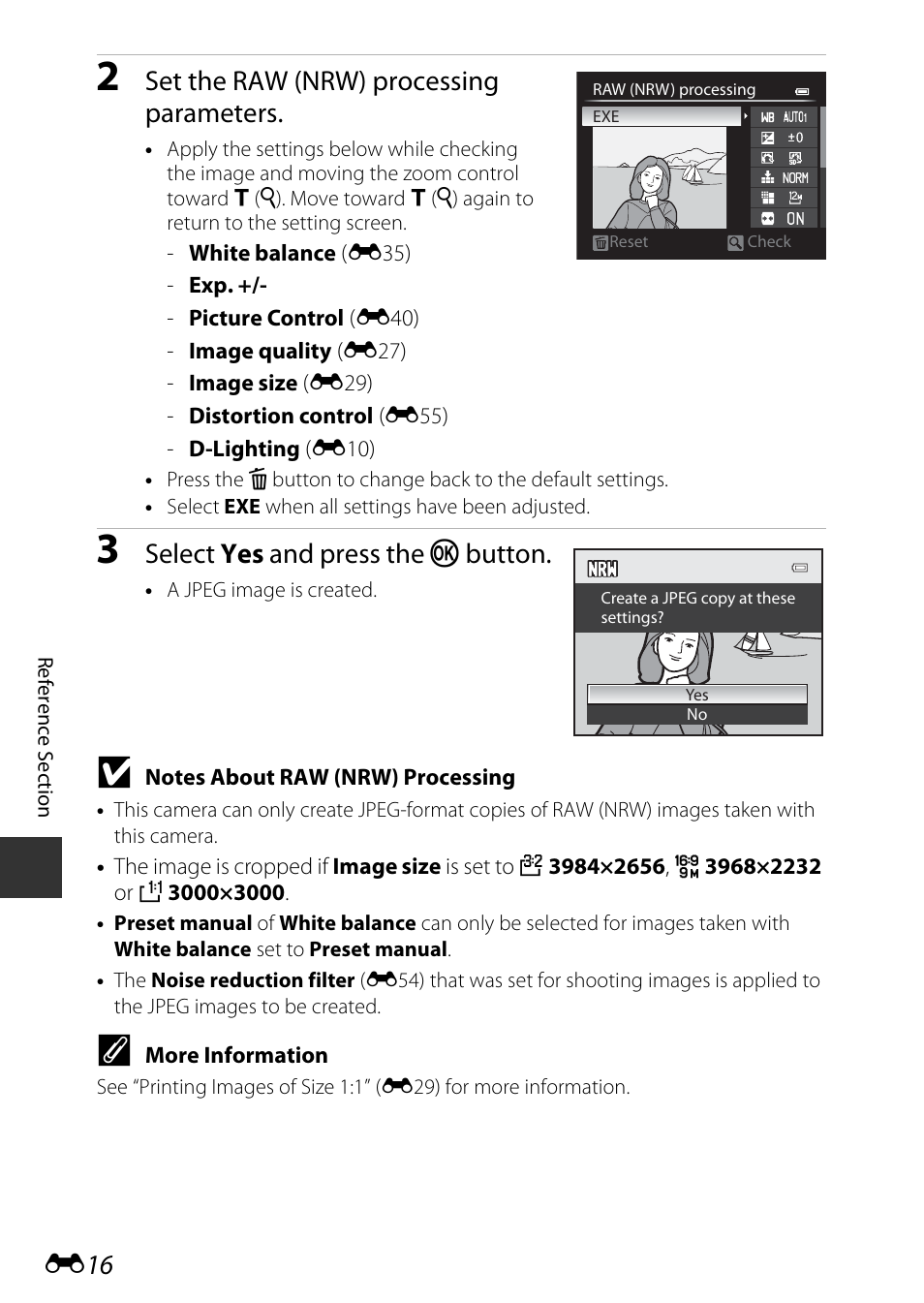 Set the raw (nrw) processing parameters, Select yes and press the k button | Nikon P7800 User Manual | Page 144 / 270