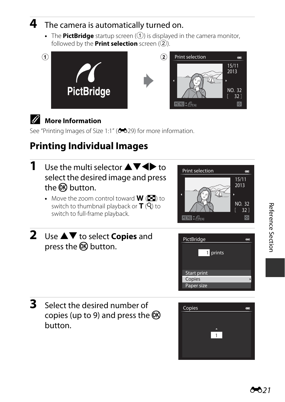 Printing individual images, The camera is automatically turned on, Use hi to select copies and press the k button | Nikon P7800 User Manual | Page 149 / 270