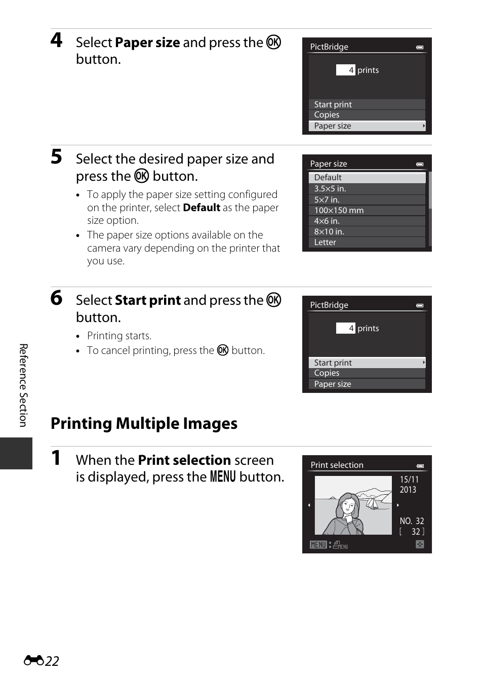 Printing multiple images, Select paper size and press the k button, Select start print and press the k button | Nikon P7800 User Manual | Page 150 / 270