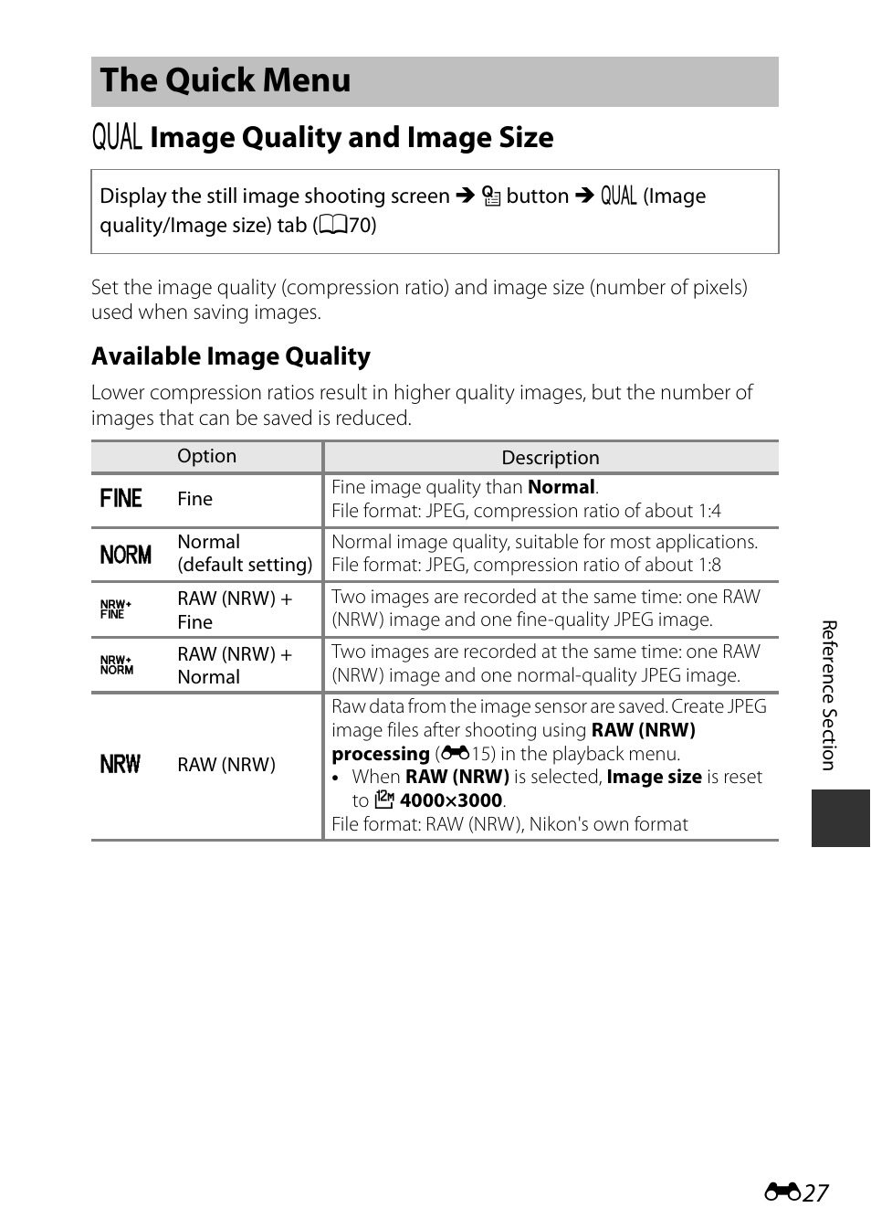 The quick menu, Image quality and image size, E27) | A image quality and image size, Available image quality | Nikon P7800 User Manual | Page 155 / 270