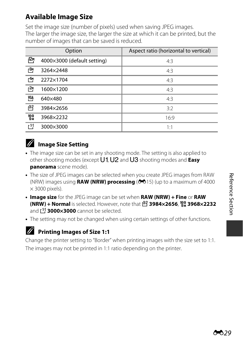 E29), Printing images of size 1:1, E29 available image size | Nikon P7800 User Manual | Page 157 / 270