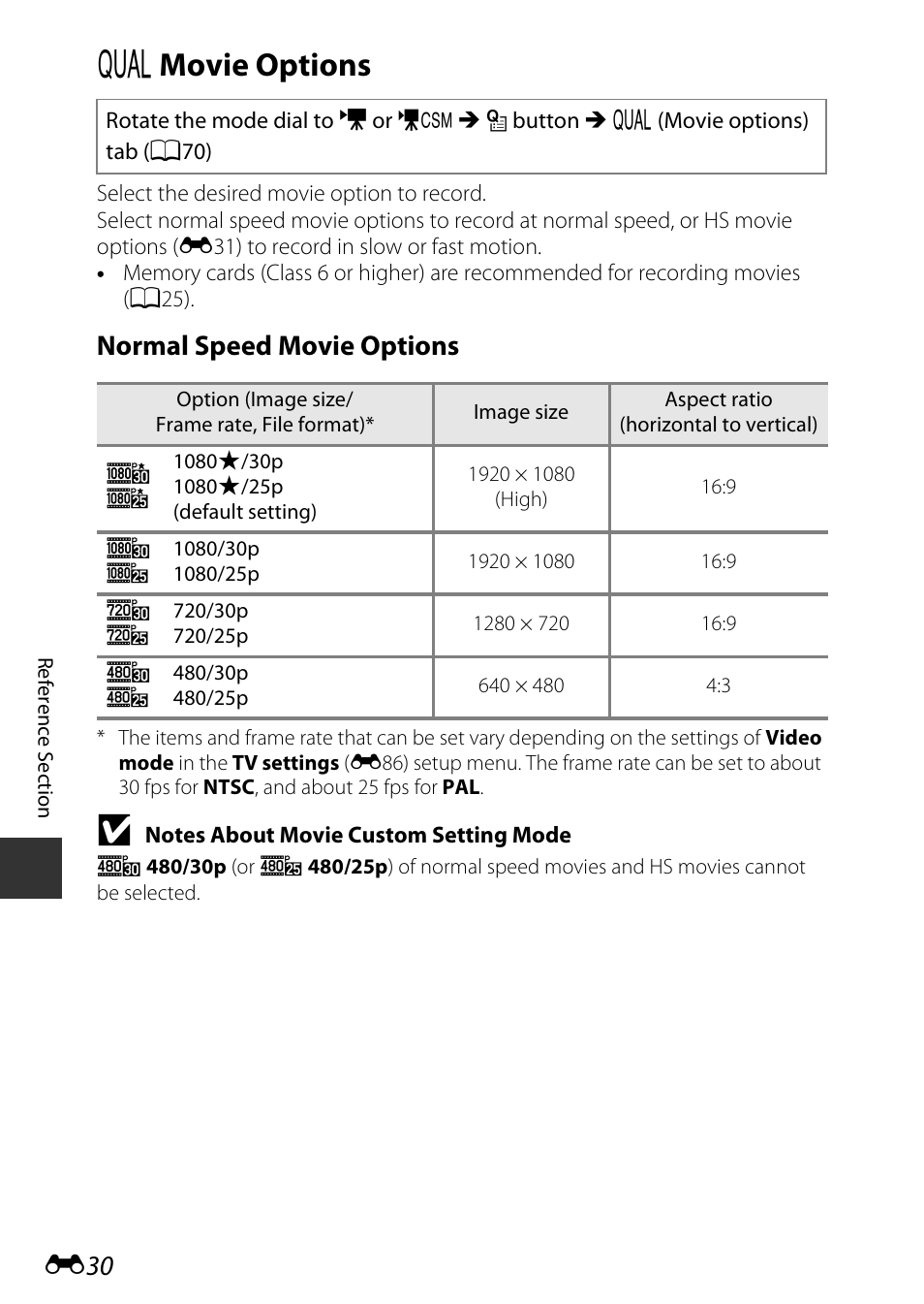 Movie options, E30), E30) of | A movie options, Normal speed movie options | Nikon P7800 User Manual | Page 158 / 270