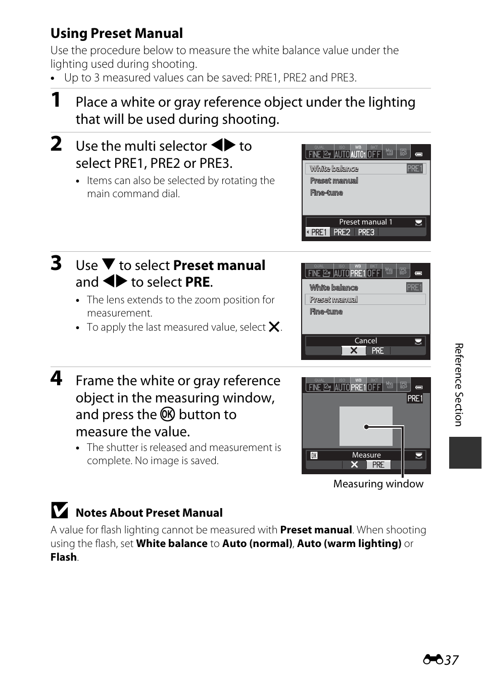 E37), E37 using preset manual, Use i to select preset manual and jk to select pre | Nikon P7800 User Manual | Page 165 / 270