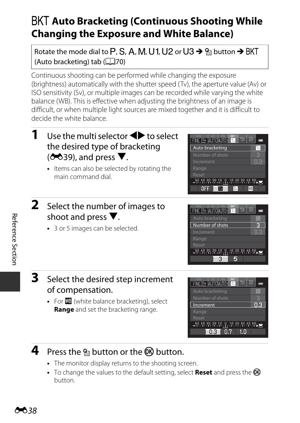 Select the number of images to shoot and press i, Select the desired step increment of compensation, Press the | Button or the k button | Nikon P7800 User Manual | Page 166 / 270