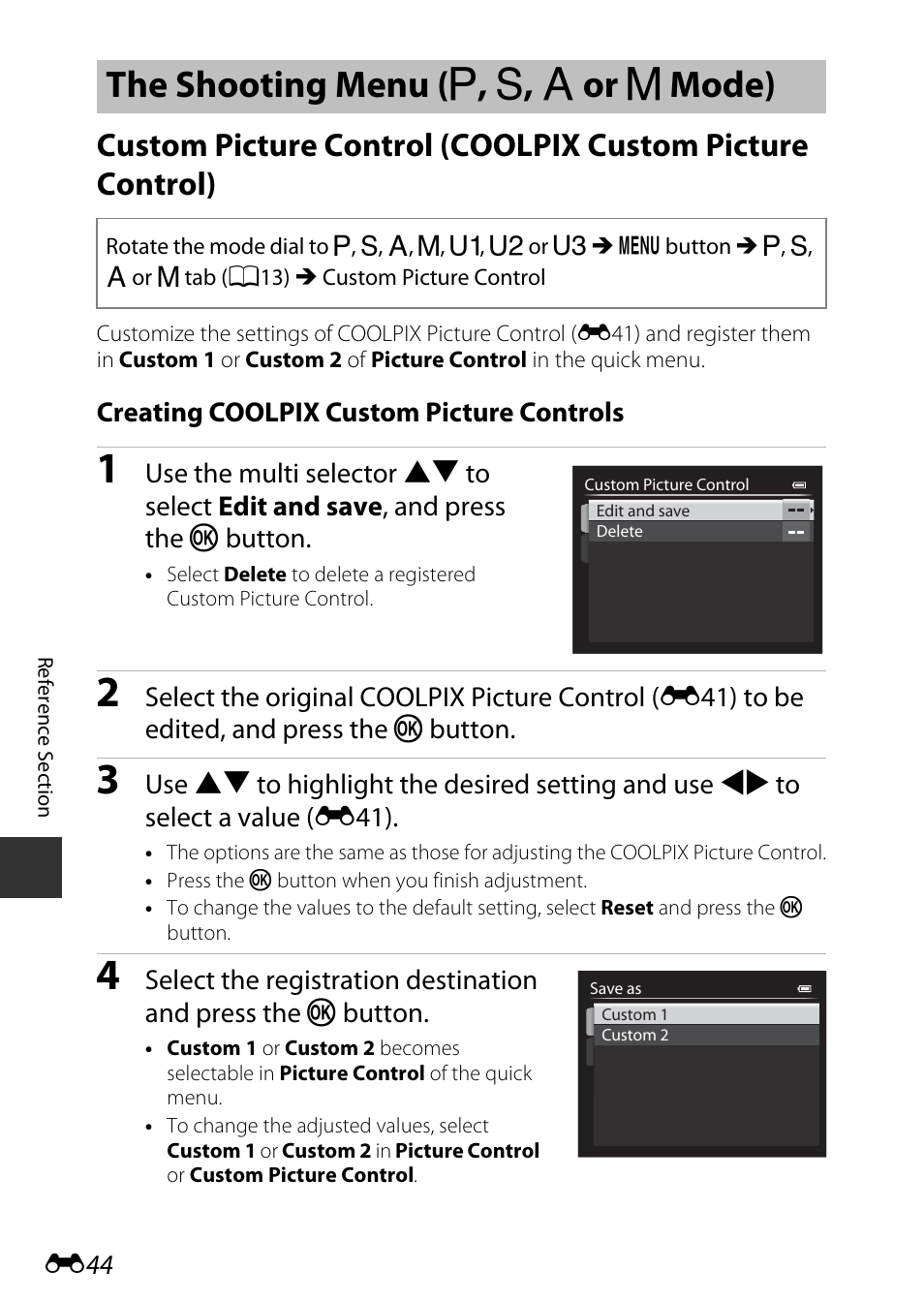 The shooting menu (p, s, a or m mode), The shooting menu, A, b, c or d mode) | E44), The shooting menu ( a , b , c or d mode) | Nikon P7800 User Manual | Page 172 / 270