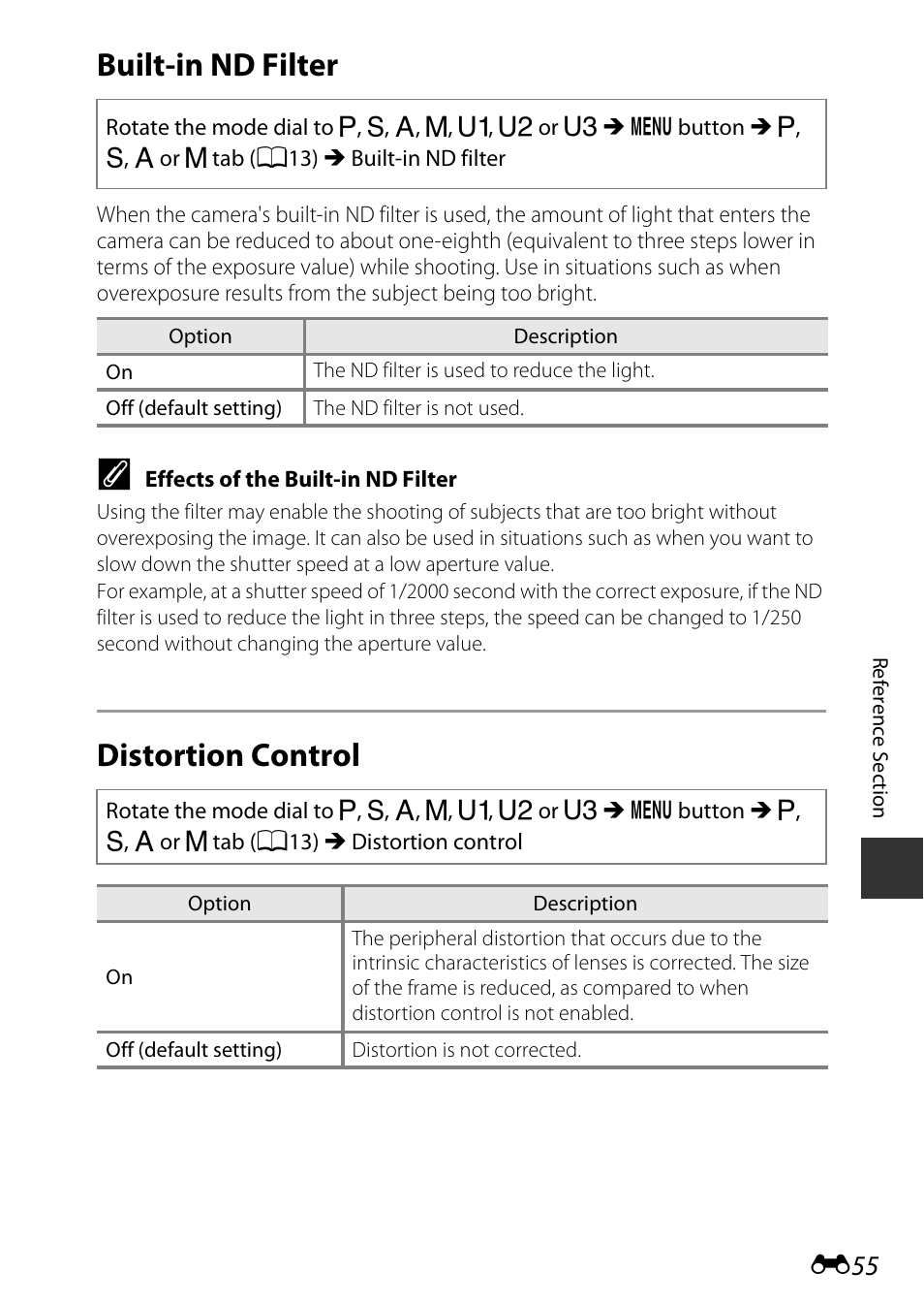 Built-in nd filter, Distortion control, E55) | Nikon P7800 User Manual | Page 183 / 270