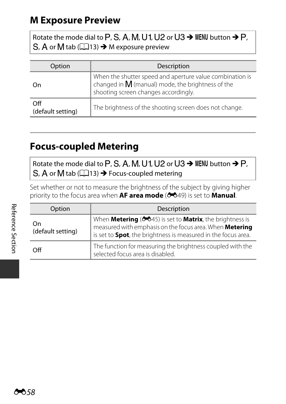 M exposure preview, Focus-coupled metering, See “focus-coupled metering | E58) f, M exposure preview focus-coupled metering | Nikon P7800 User Manual | Page 186 / 270