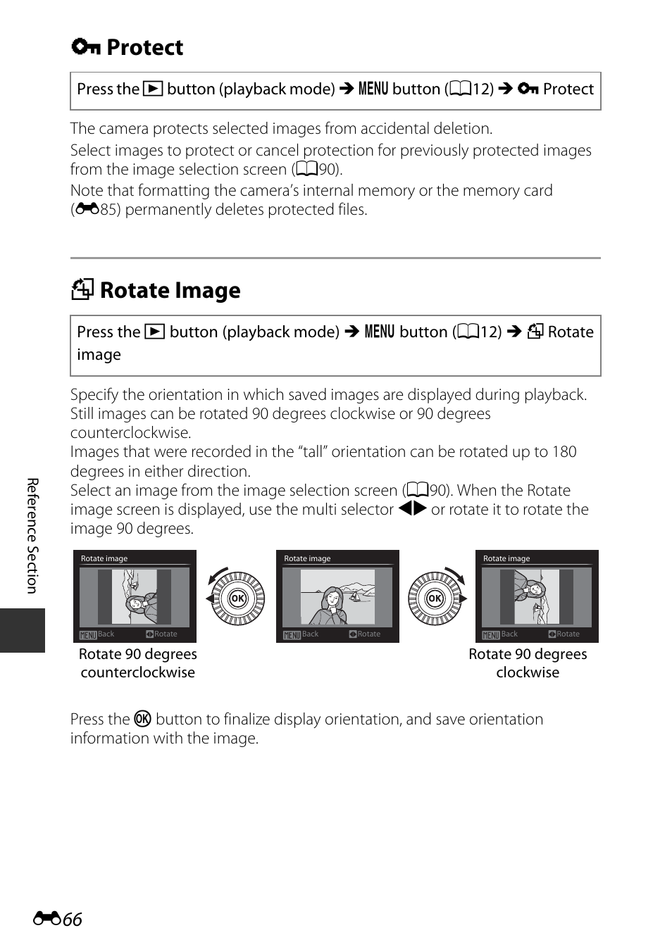 Protect, Rotate image, D protect | F rotate image, E66) | Nikon P7800 User Manual | Page 194 / 270