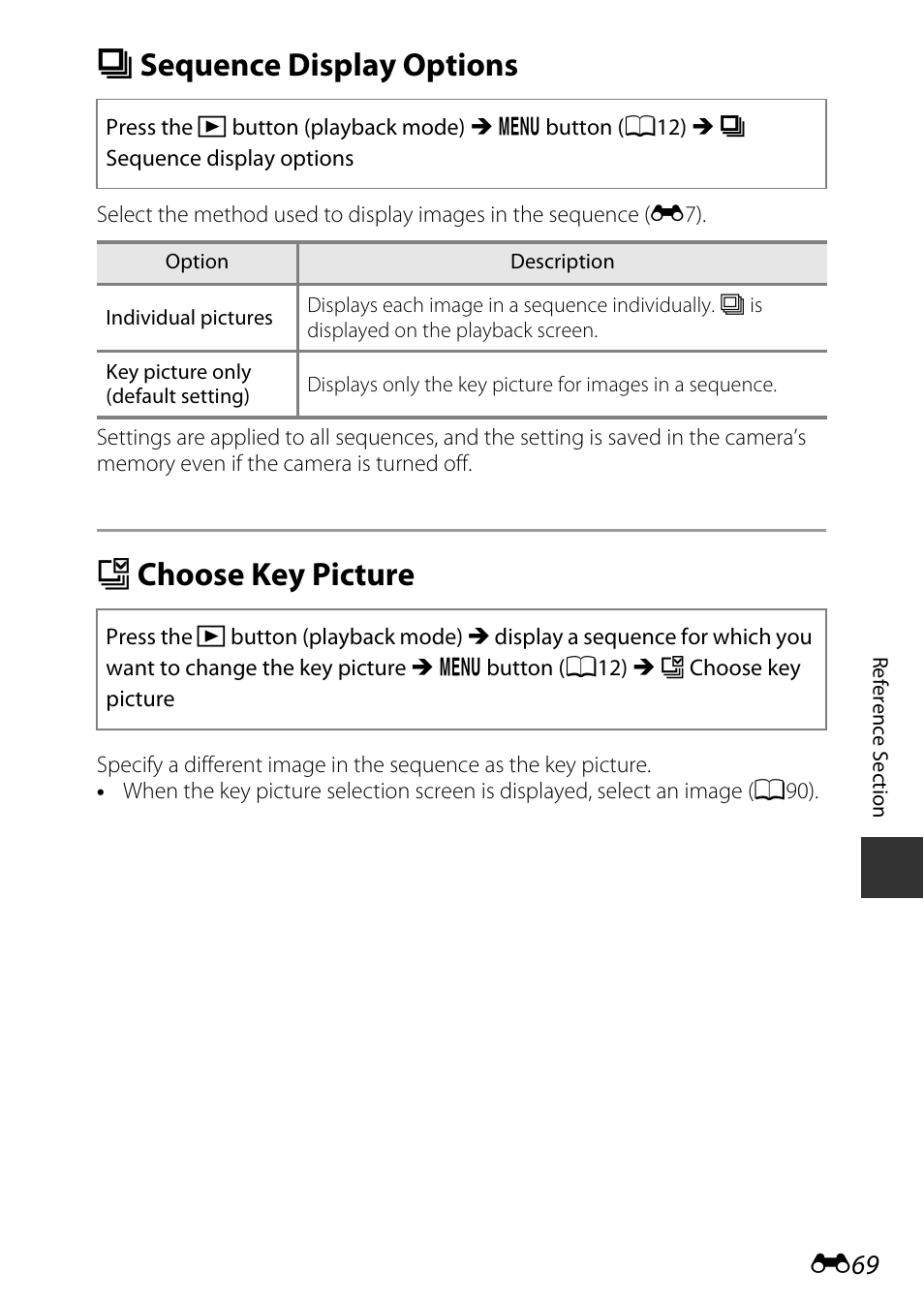 Sequence display options, Choose key picture, C sequence display options | X choose key picture | Nikon P7800 User Manual | Page 197 / 270