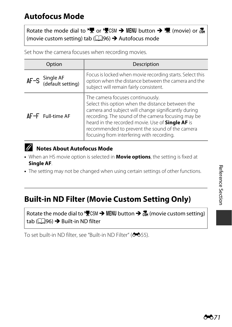 Autofocus mode, Built-in nd filter (movie custom setting only) | Nikon P7800 User Manual | Page 199 / 270