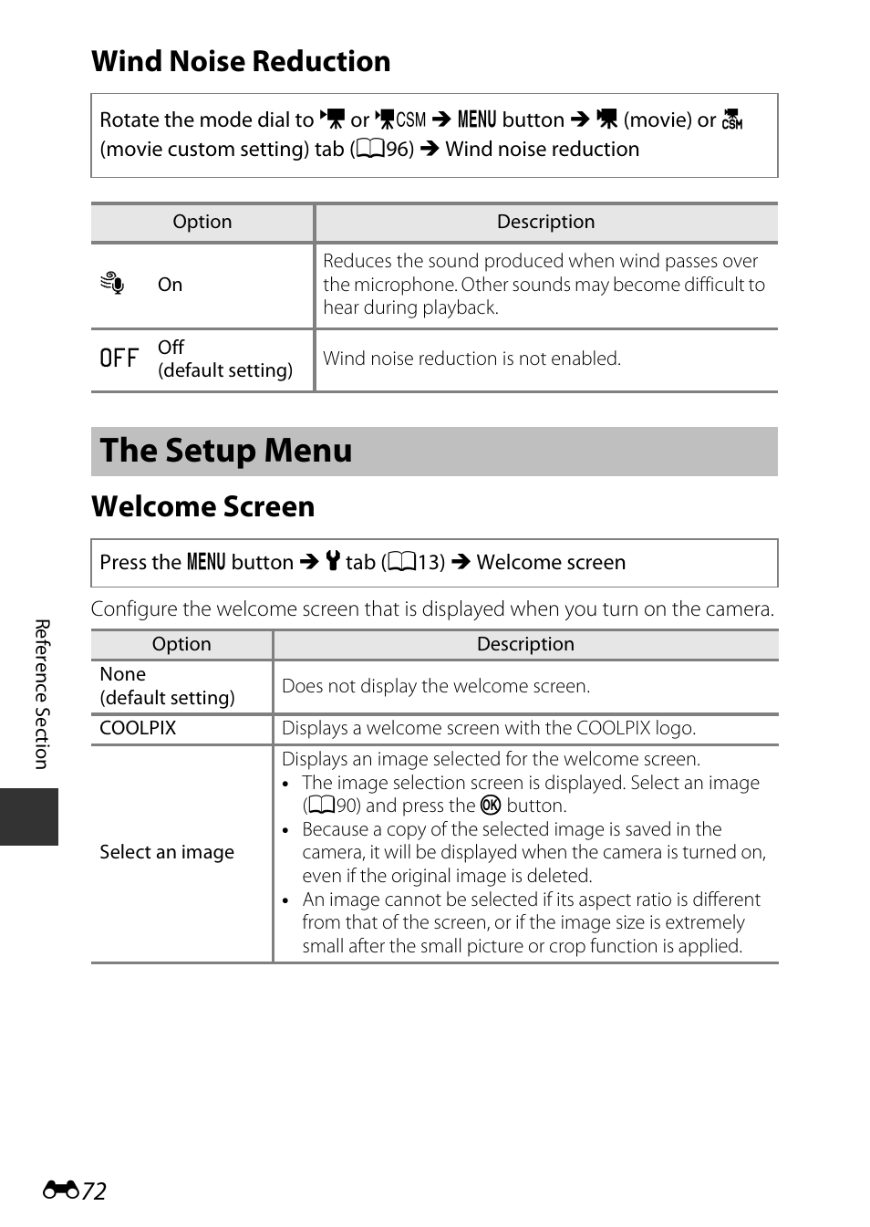 Wind noise reduction, The setup menu, Welcome screen | Wind noise reduction welcome screen | Nikon P7800 User Manual | Page 200 / 270