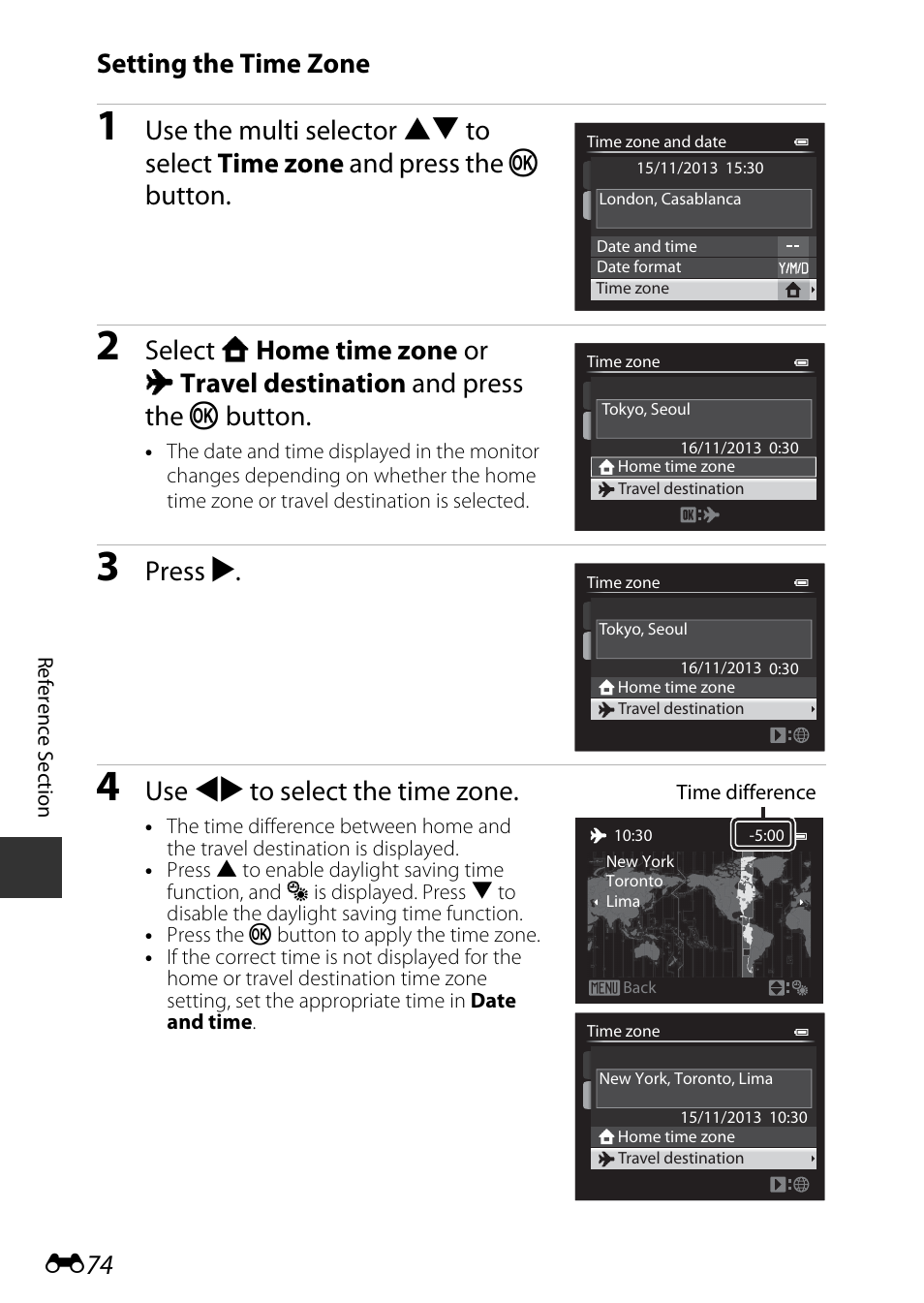 E74 setting the time zone, Press k, Use jk to select the time zone | Nikon P7800 User Manual | Page 202 / 270