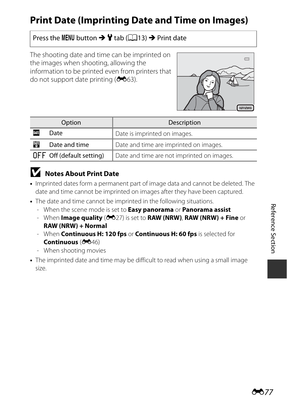 Print date (imprinting date and time on images), E77) | Nikon P7800 User Manual | Page 205 / 270