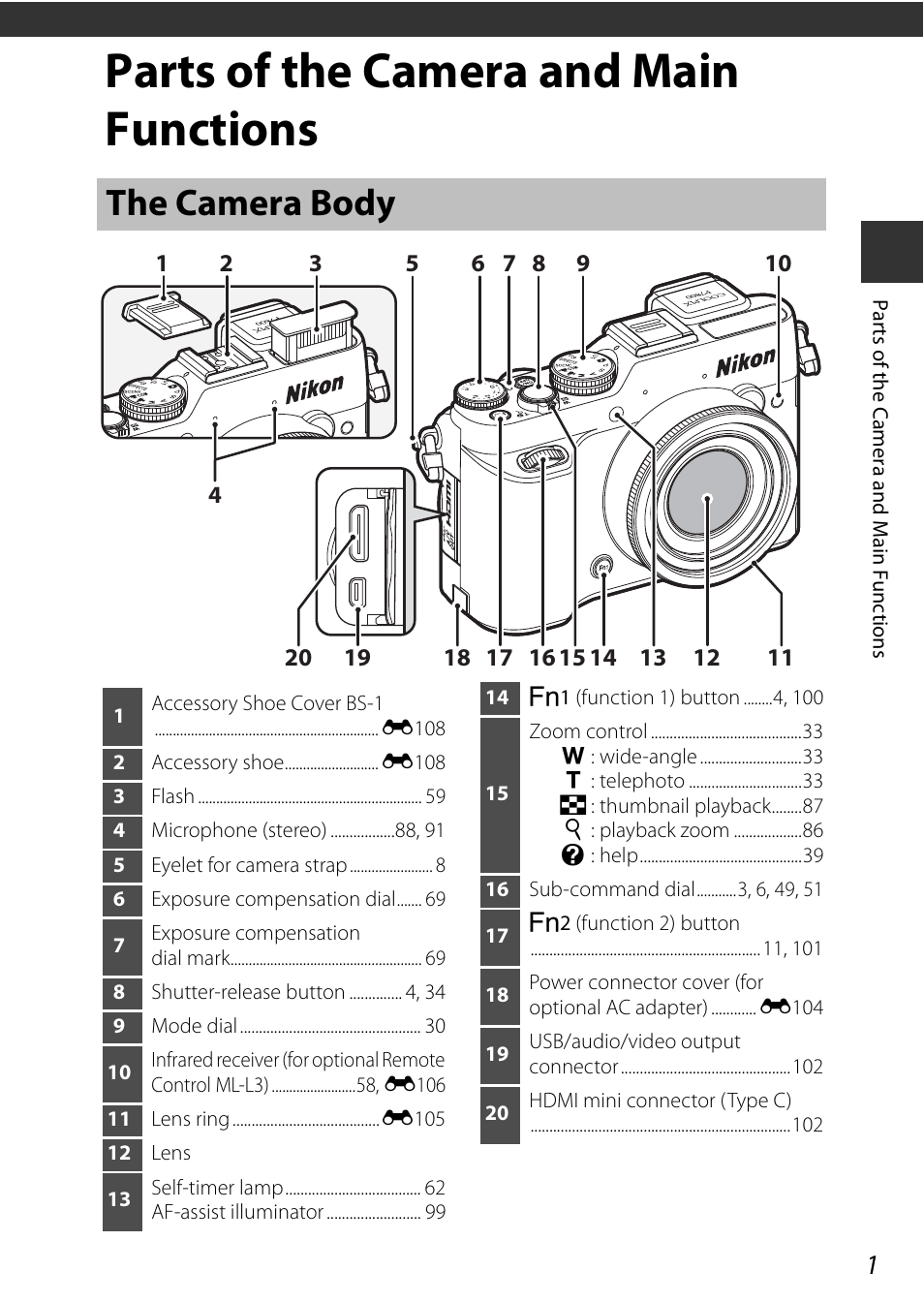 Parts of the camera and main functions, The camera body | Nikon P7800 User Manual | Page 21 / 270