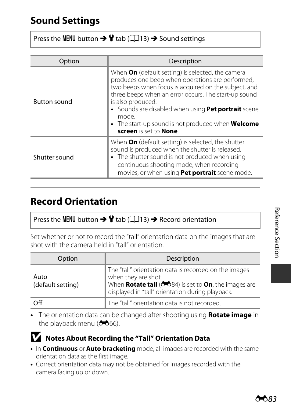 Sound settings, Record orientation, Sound settings record orientation | Nikon P7800 User Manual | Page 211 / 270