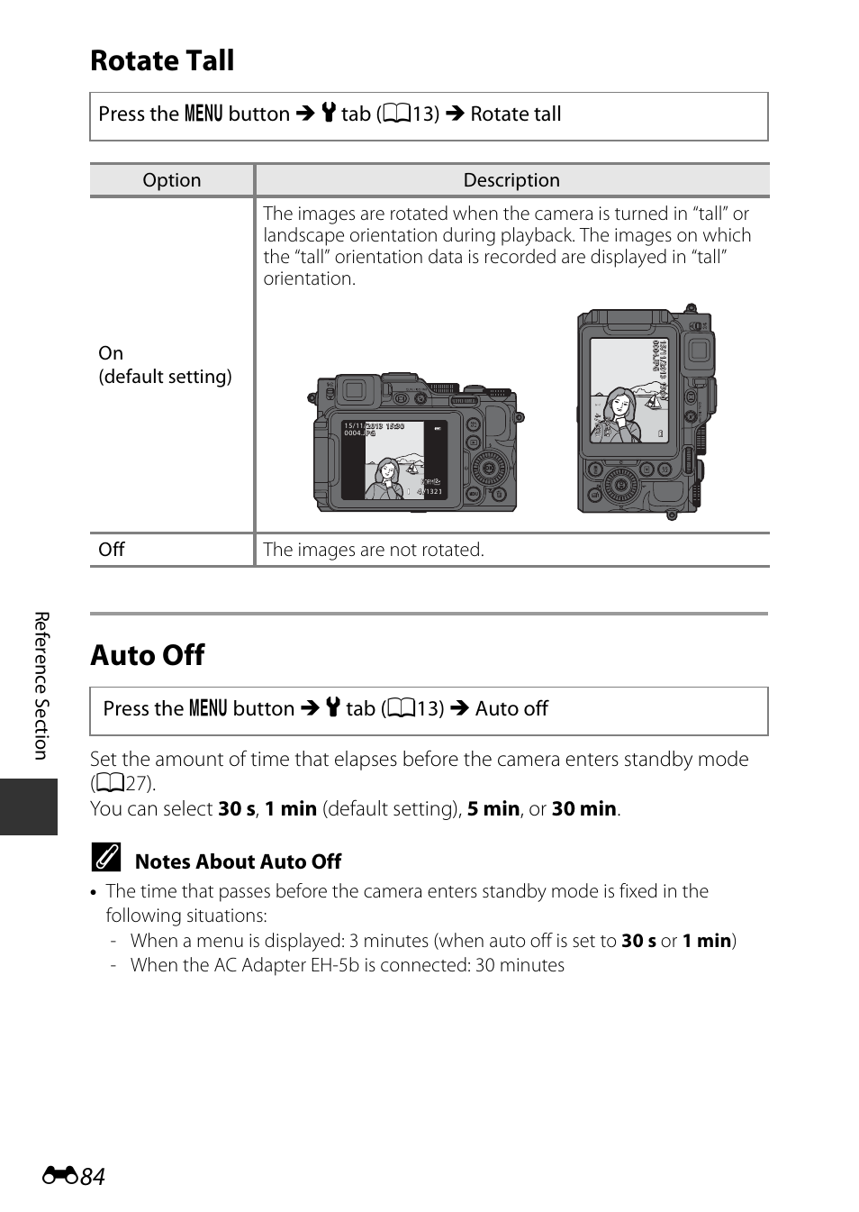 Rotate tall, Auto off, E84) trig | 84) is, Rotate tall auto off, Press the d button m z tab ( a13) m rotate tall, Press the d button m z tab (a13) m auto off, Re feren ce s ect io n | Nikon P7800 User Manual | Page 212 / 270