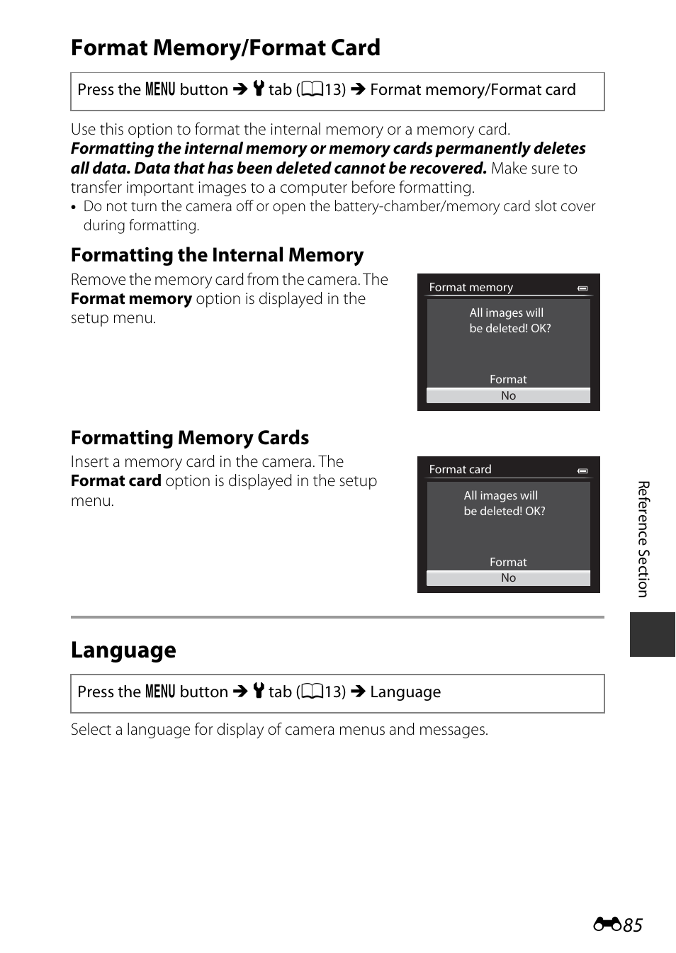 Format memory/format card, Language, E85) permanently | Nikon P7800 User Manual | Page 213 / 270