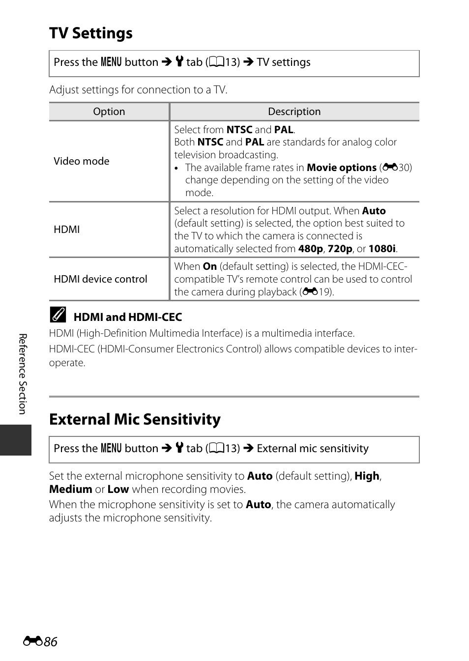 Tv settings, External mic sensitivity, E86) i | E86) | Nikon P7800 User Manual | Page 214 / 270