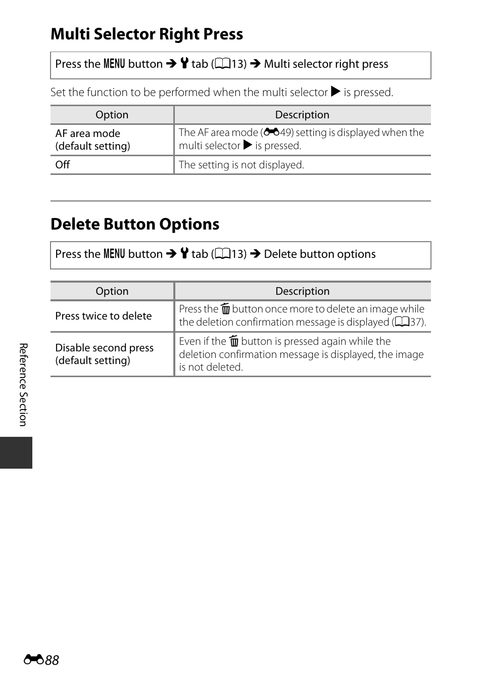 Multi selector right press, Delete button options, E88) | Nikon P7800 User Manual | Page 216 / 270