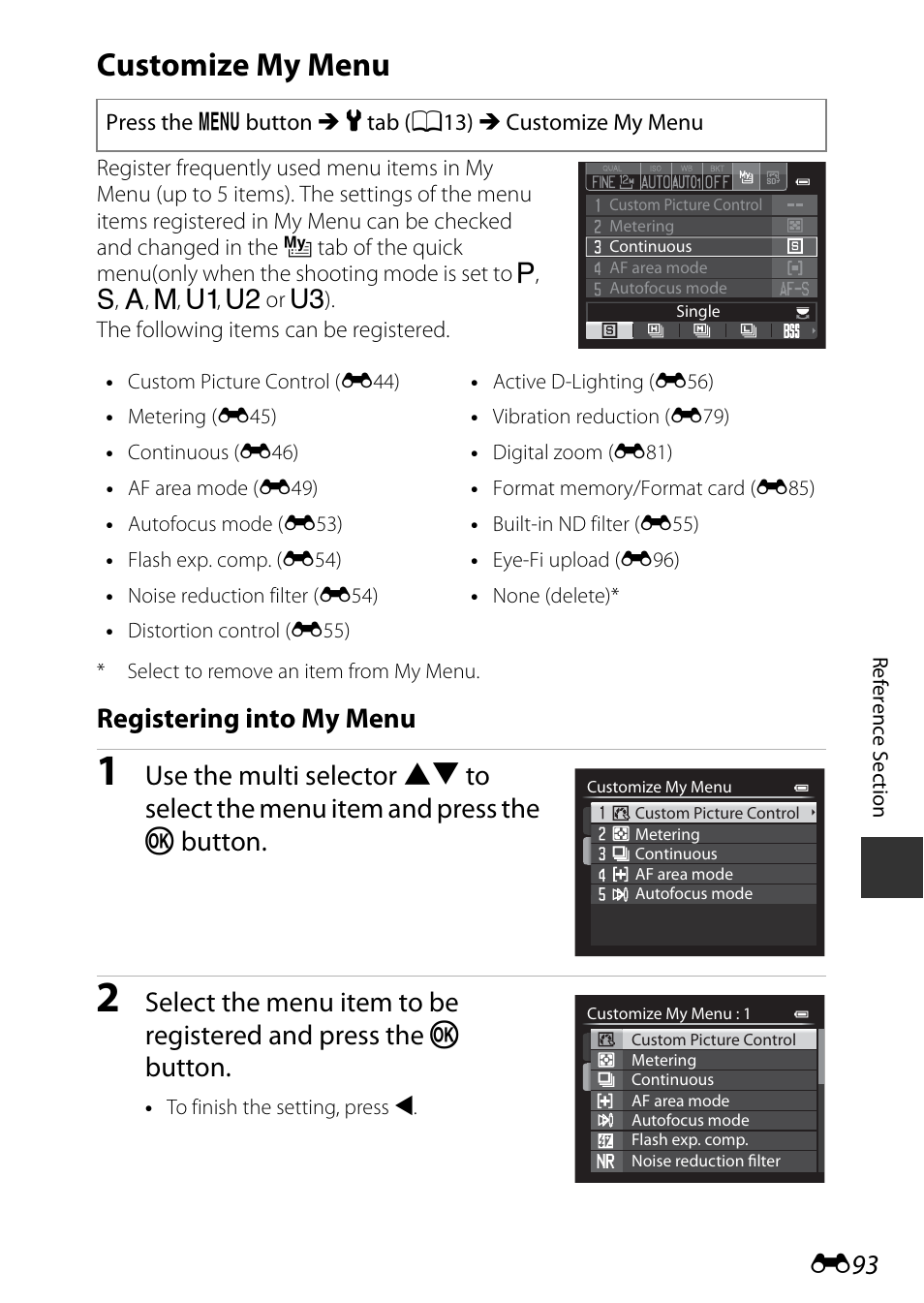 Customize my menu, Registering into my menu | Nikon P7800 User Manual | Page 221 / 270