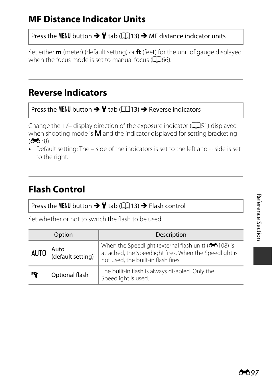 Mf distance indicator units, Reverse indicators, Flash control | Nikon P7800 User Manual | Page 225 / 270