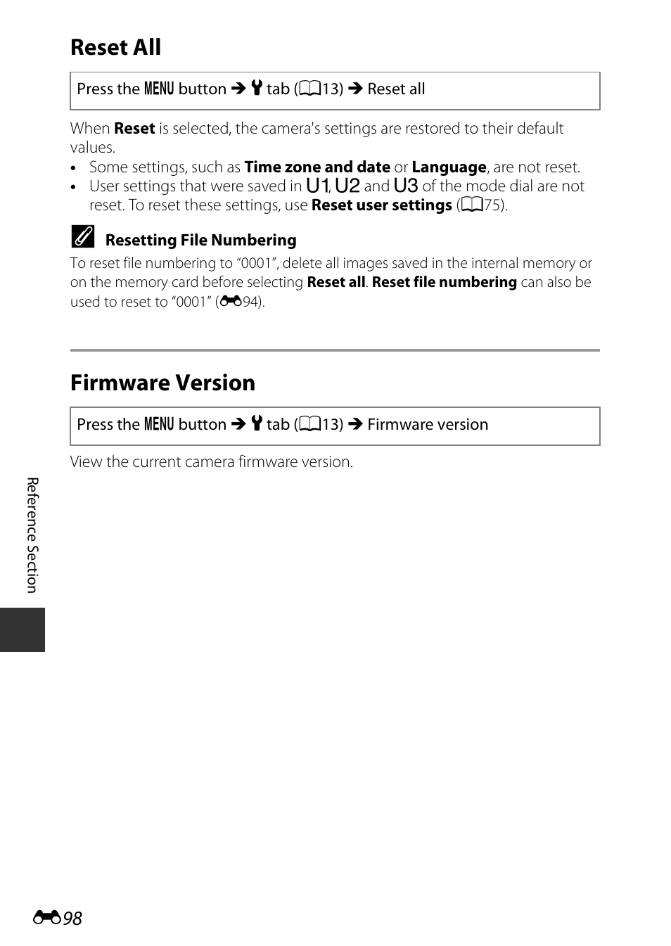 Reset all, Firmware version | Nikon P7800 User Manual | Page 226 / 270