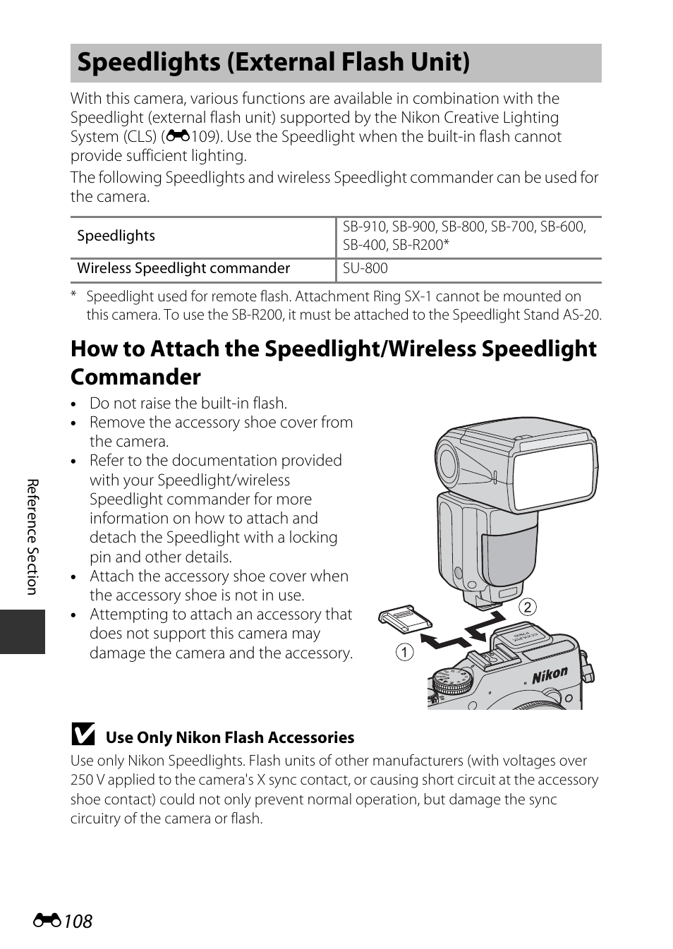 Speedlights (external flash unit), E108, Ee “speedlights (external flash unit) | E108) for, E “speedlights (external flash unit), E108) f, E108) i | Nikon P7800 User Manual | Page 236 / 270