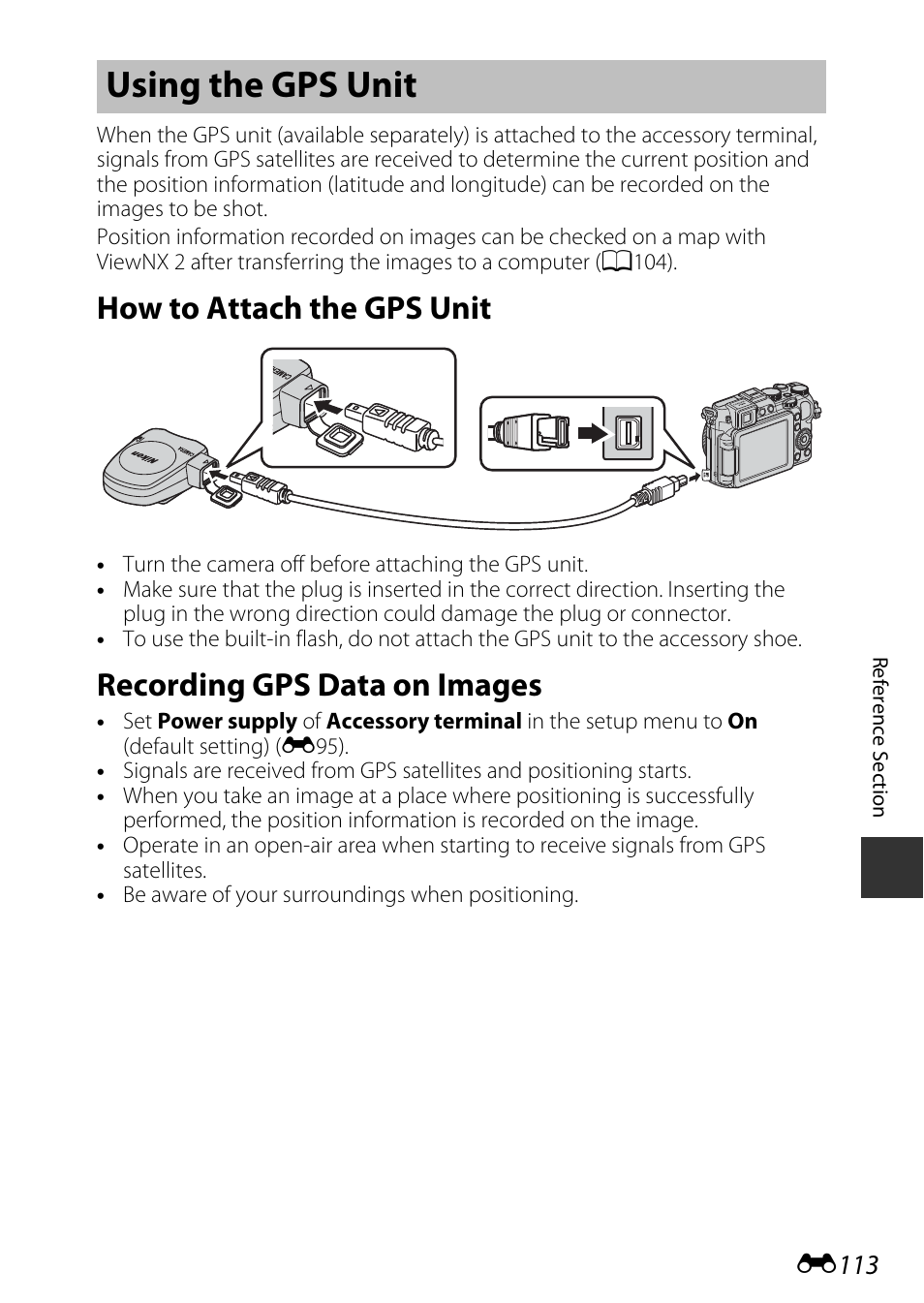 Using the gps unit, How to attach the gps unit, Recording gps data on images | E113, E113) | Nikon P7800 User Manual | Page 241 / 270