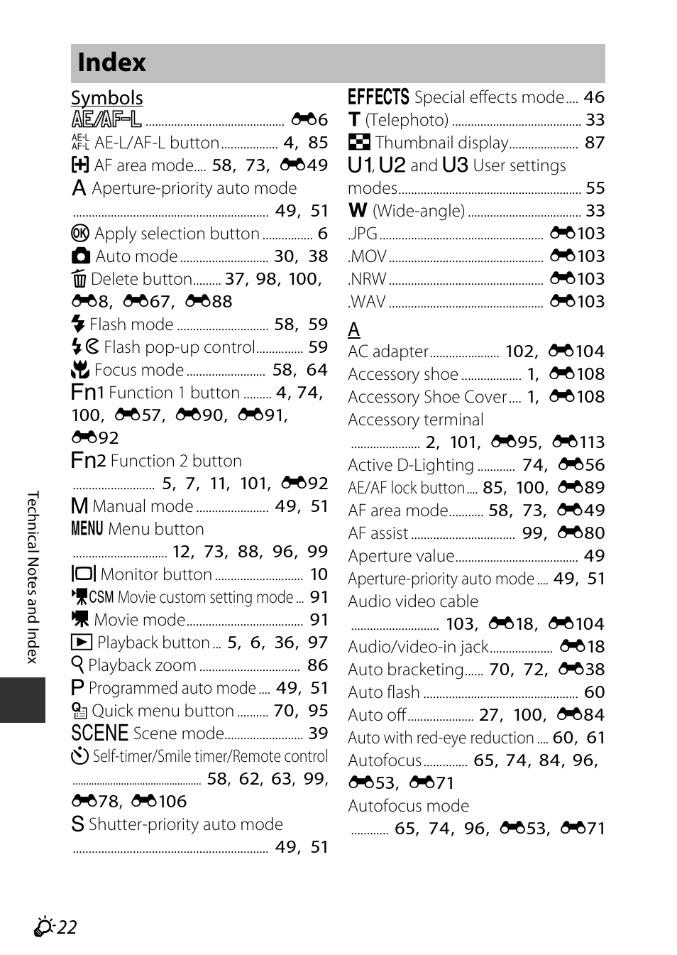 Index, F 22, F22 symbols | Nikon P7800 User Manual | Page 264 / 270